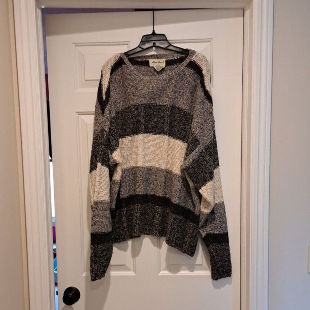 Eddie Bauer Sweater Men's XL Wool Blend USA Outdoor Striped Crewneck Chunky Knit